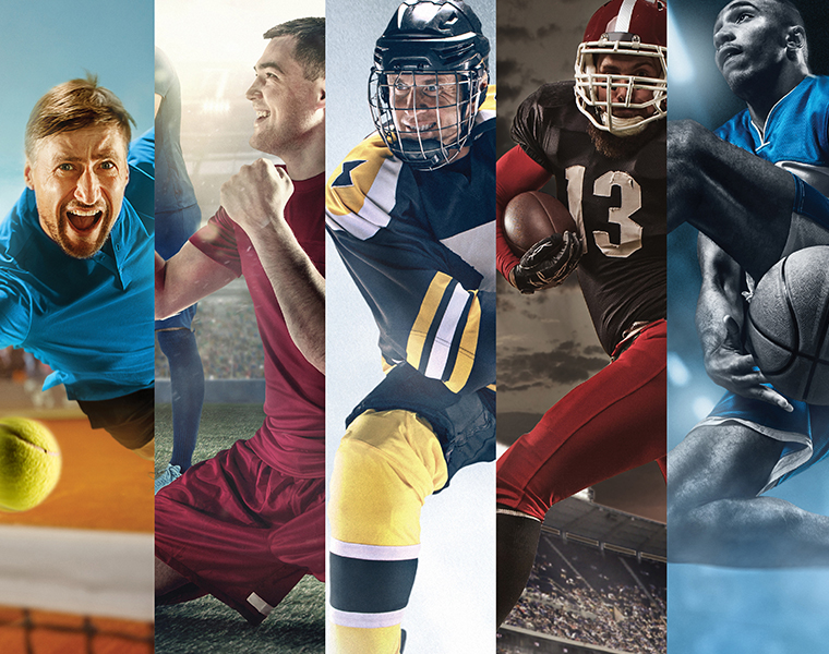 Sport collage about soccer, american football, basketball, tennis, boxing, ice and field hockey, table tennis